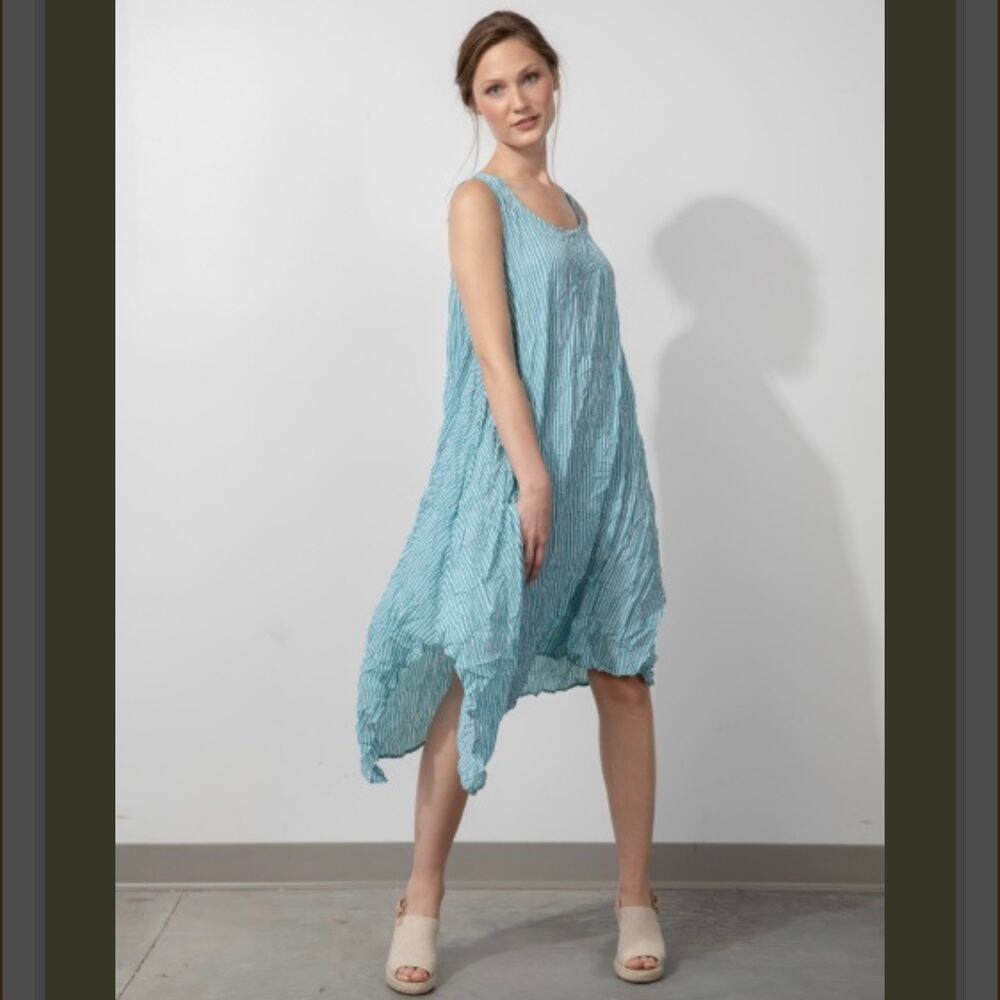 LIV for Habitat Dipped Hem Calypso Aqua Stripe Dress XS Artsy Lagenlook